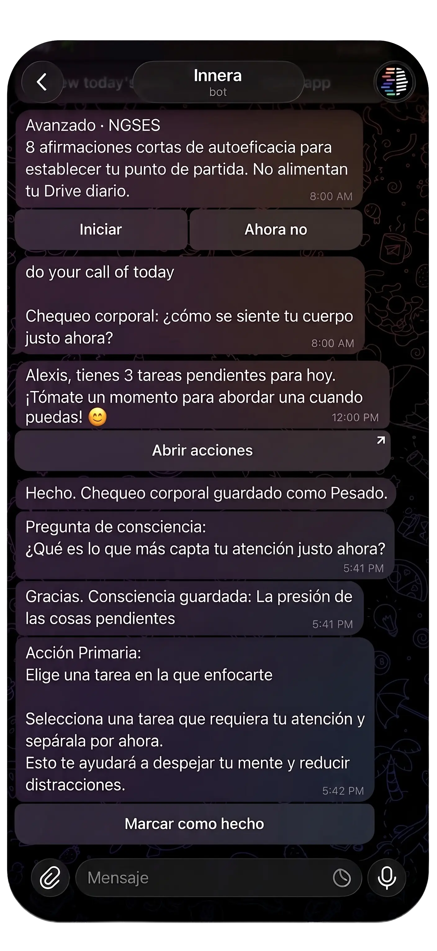 Ejemplo de una interacción breve y enfocada con INNERA